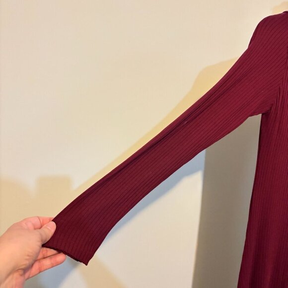 Farm Rio Burgundy Boat Neck Midi Dress Ribbed Long Sleeve - Picture 8 of 14